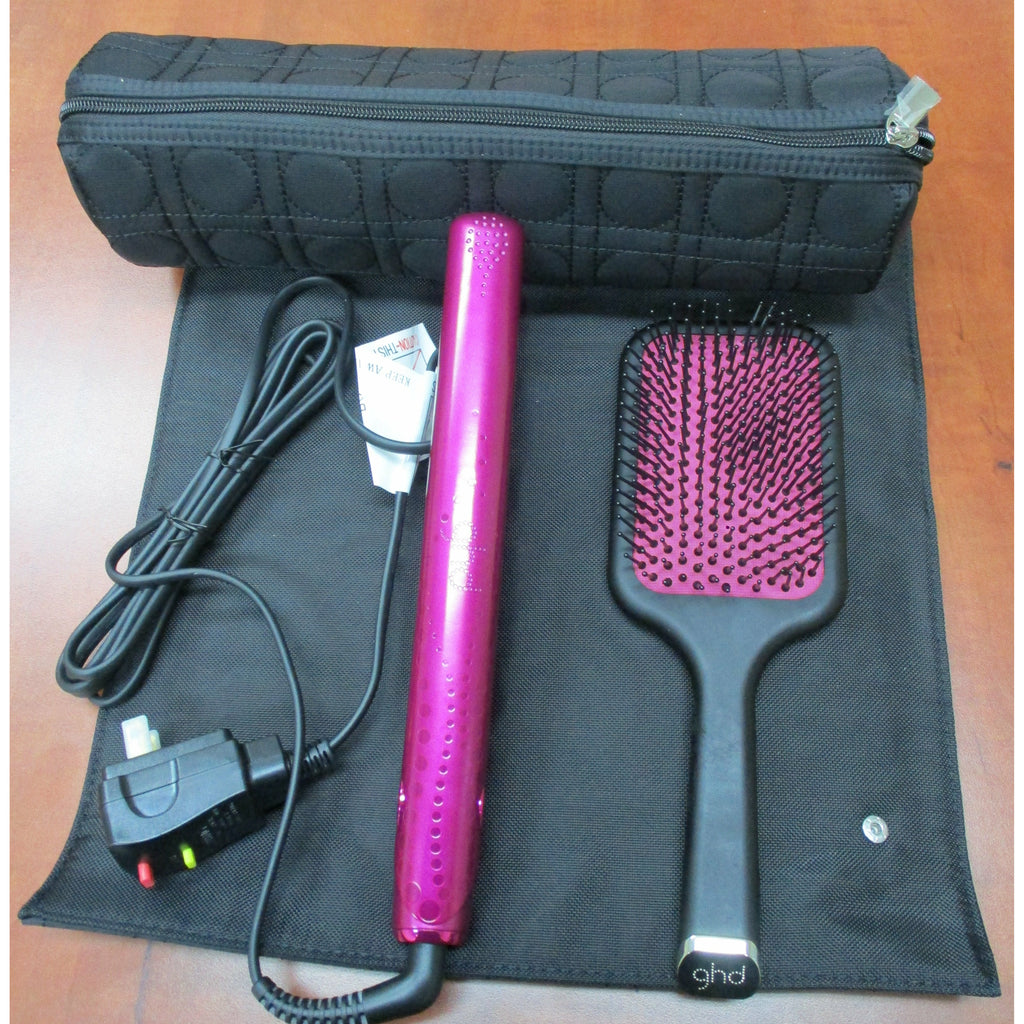 GHD Pink Diamond 1" Flat Iron Styler with Paddle Brush and Rollbag 
